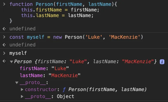 Console output of Person constructor