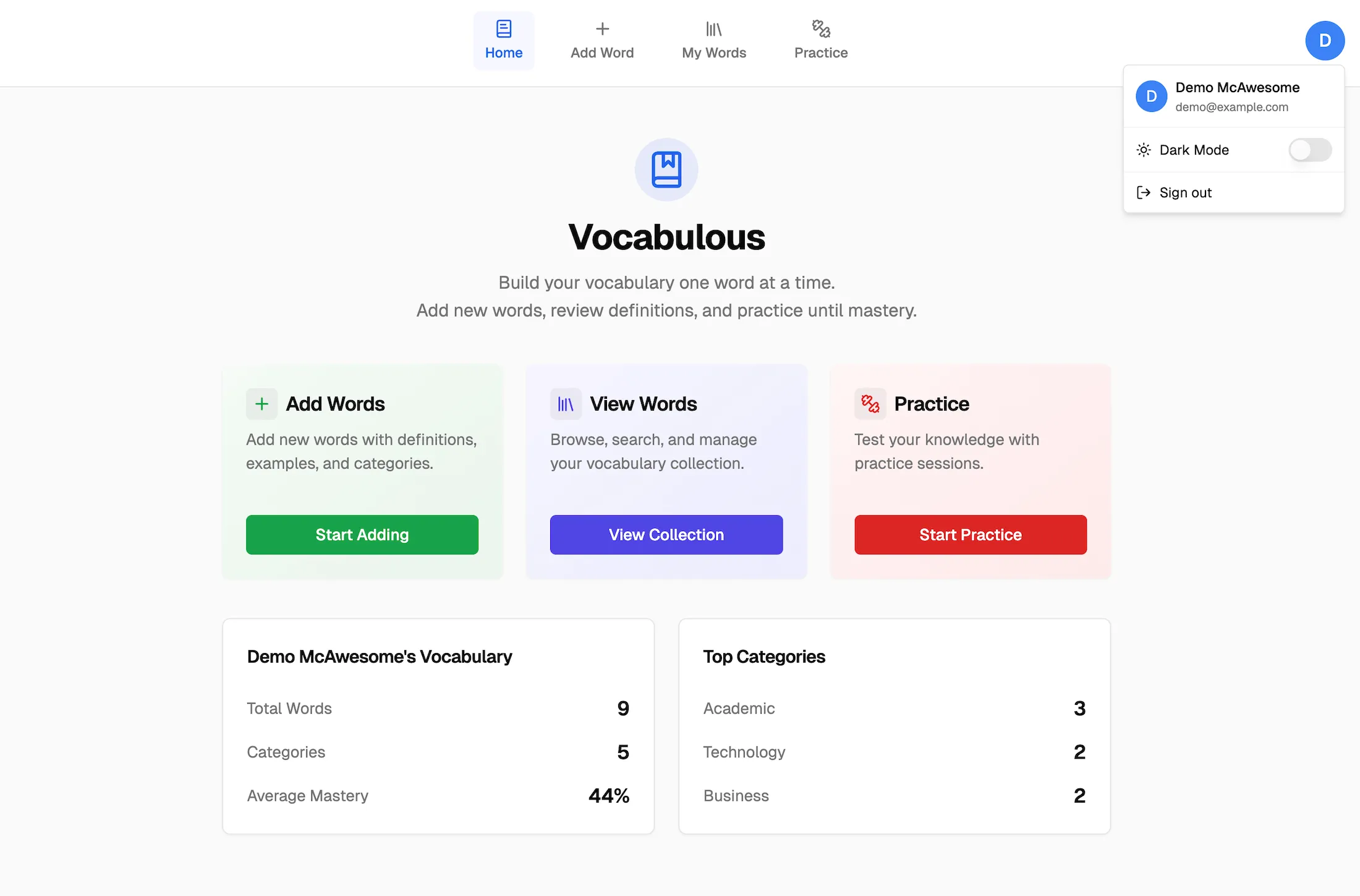 Vocabulous home page.