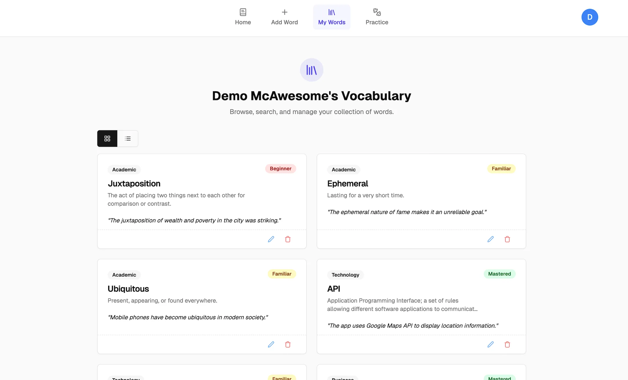 Vocabulous "Words" page.