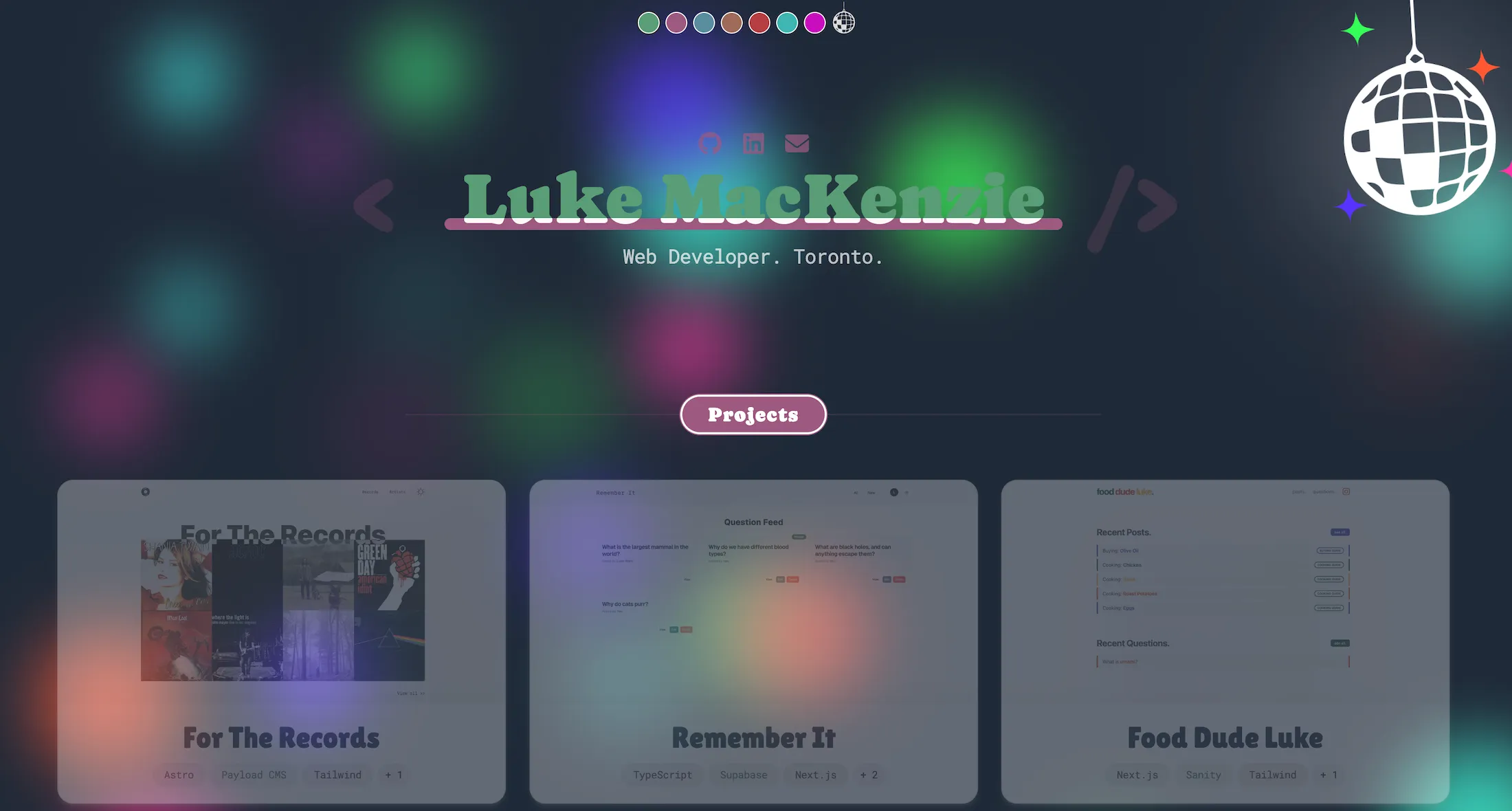 lukemackenzie.dev home page with disco scene activated