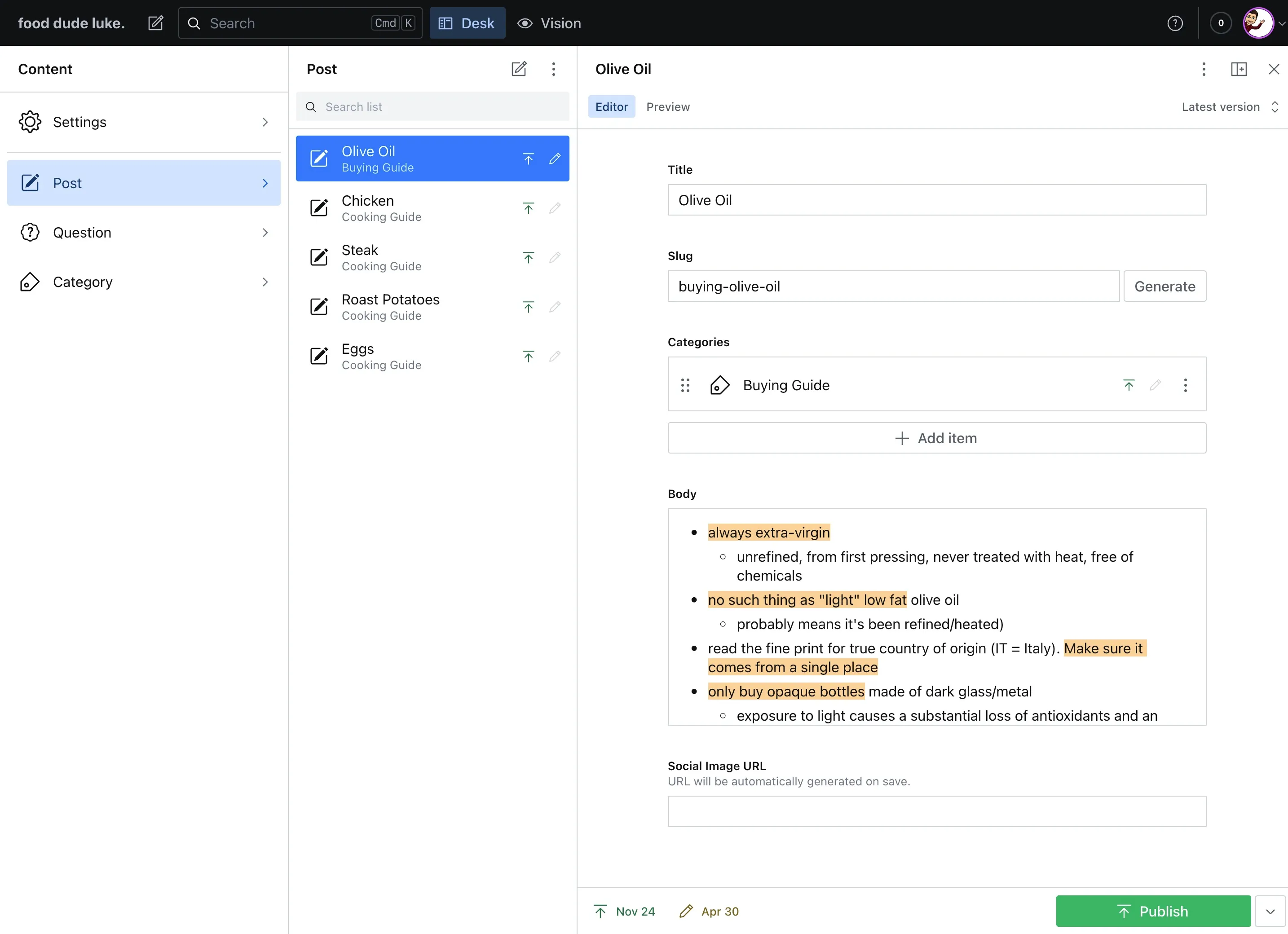 Food Dude Luke CMS page built with Sanity.io