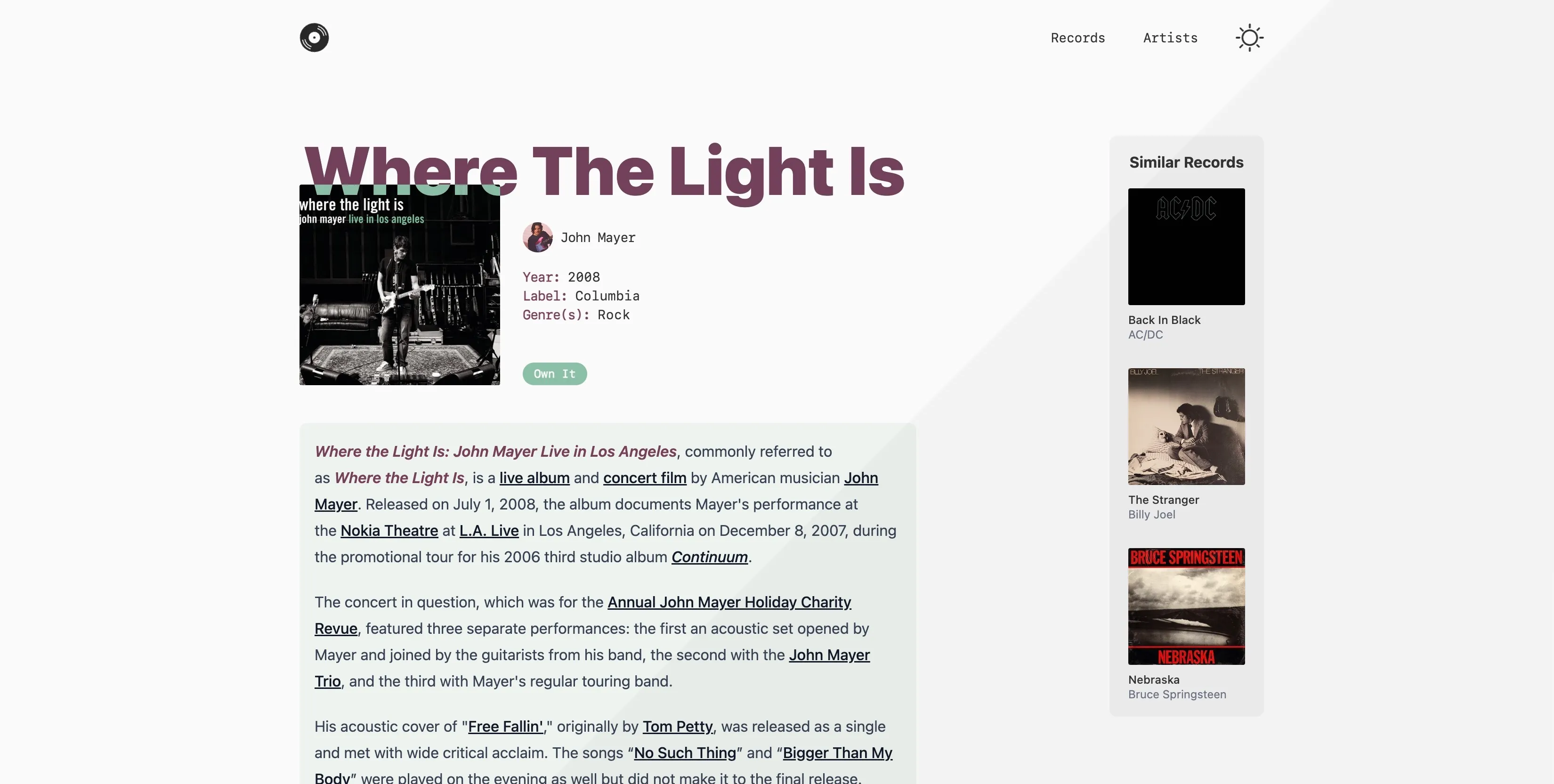 For The Records - Where The Light Is by John Mayer album page
