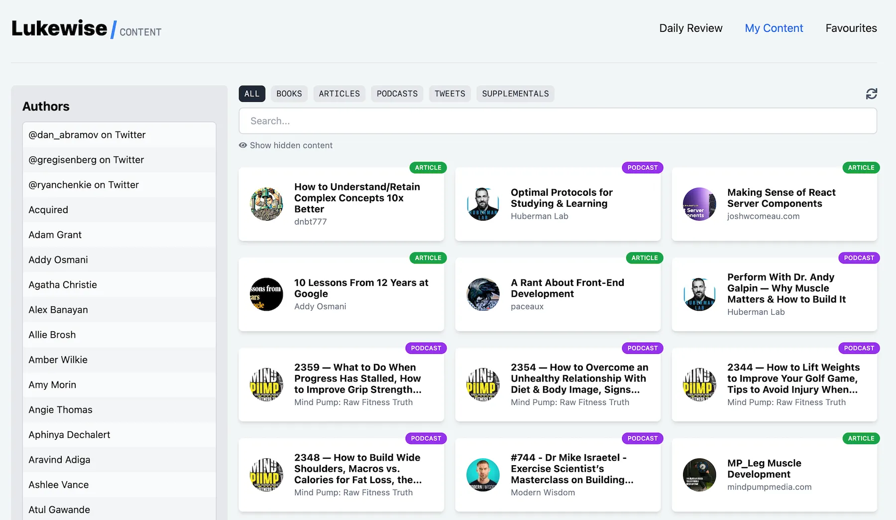 Lukewise "My Content" page.