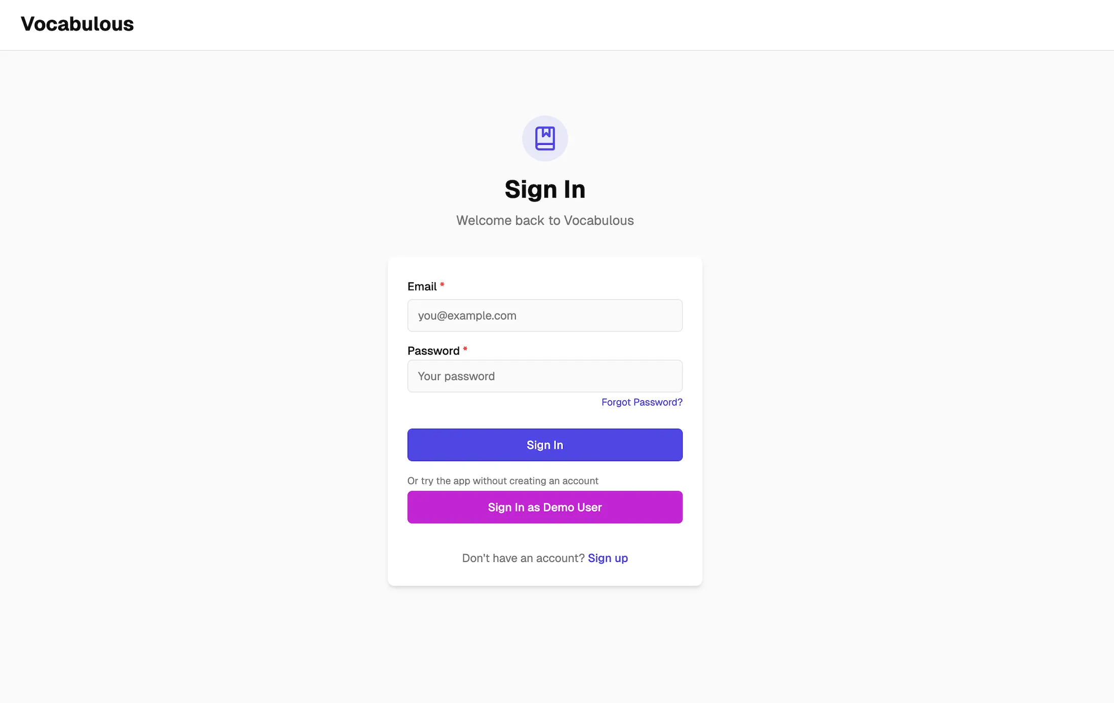 Vocabulous login page.